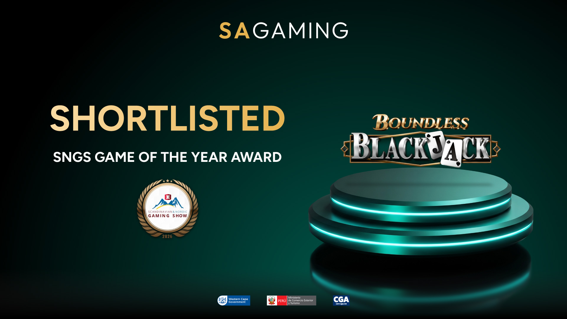 SA Gaming graphic announcing Boundless Blackjack shortlisted for the SNGS Game of the Year Award 2026, with a glowing teal podium.